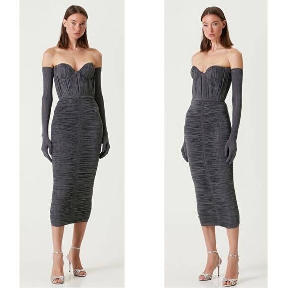 Alex Perry Strapless Sweetheart Ruched Crystal Jersey Iron Gray Midi Dress Sz 4 - Picture 4 of 13